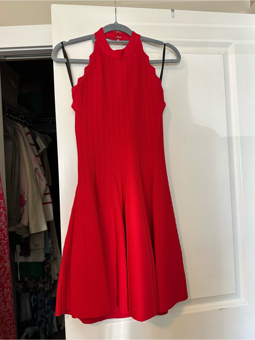 bebe Red Ribbed Halter Fit & Flare Dress